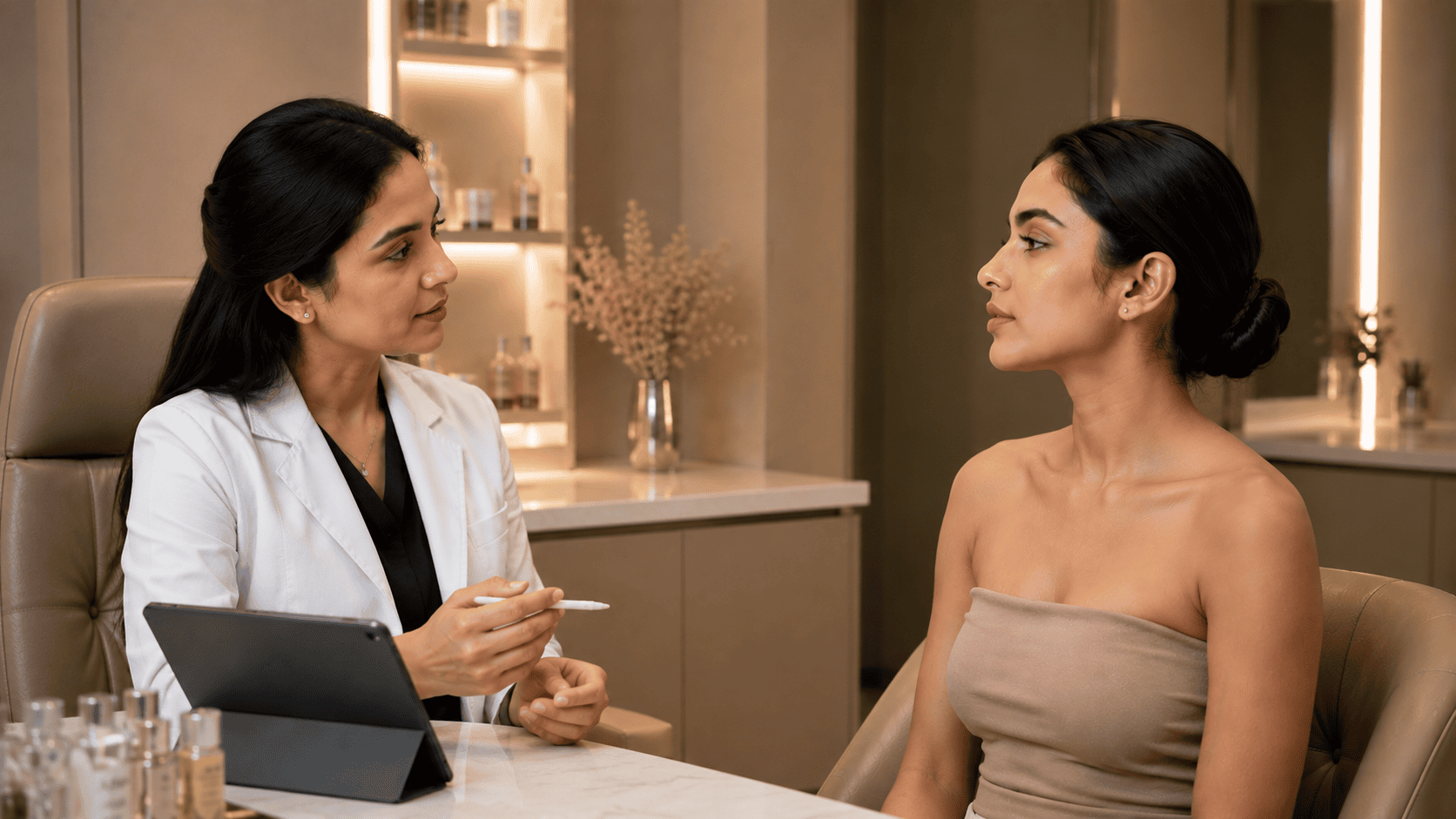 Female doctor consulting with a seated patient about jawline treatment planning