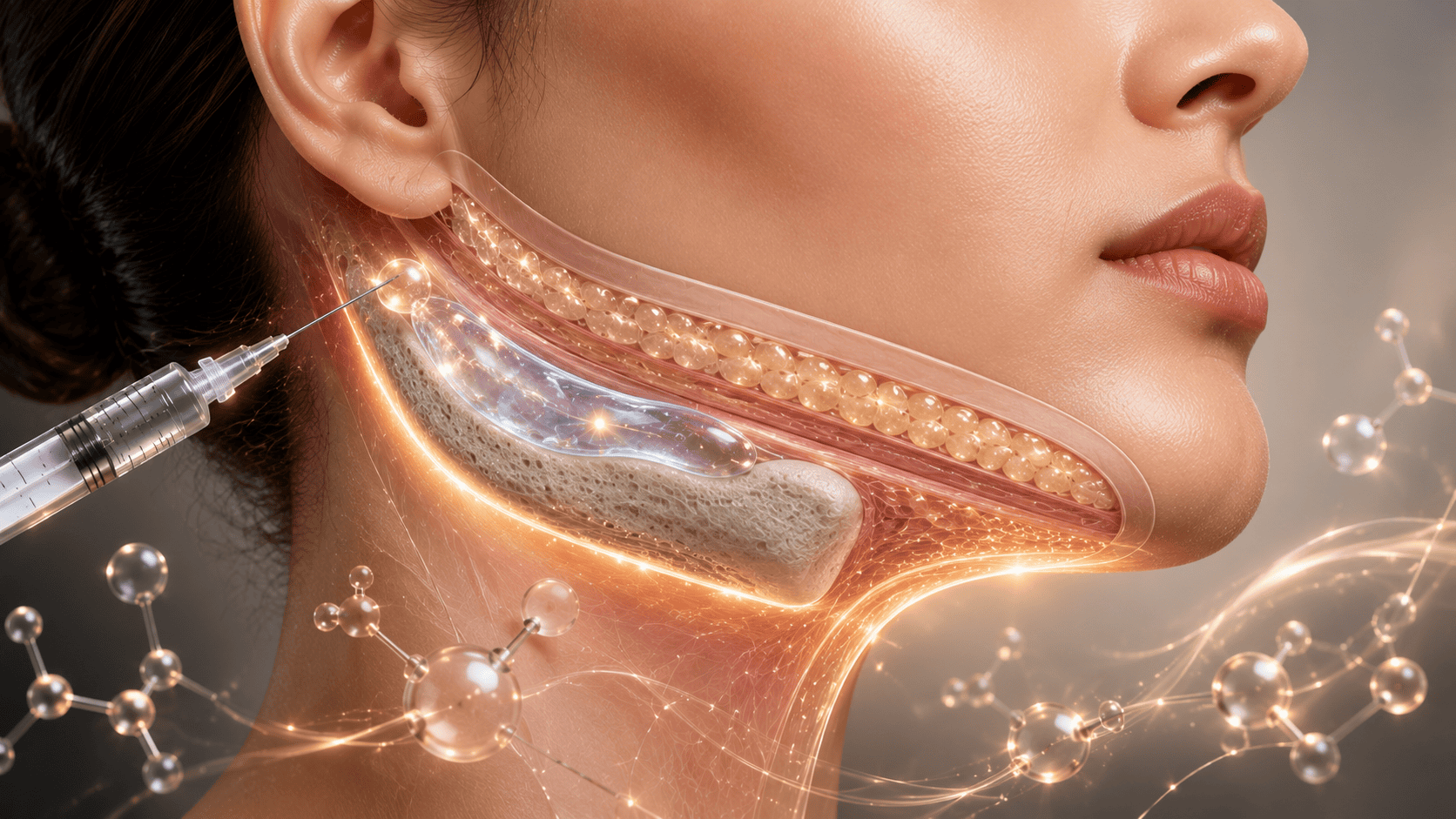 Syringe injecting filler along the jaw with a glowing highlight effect