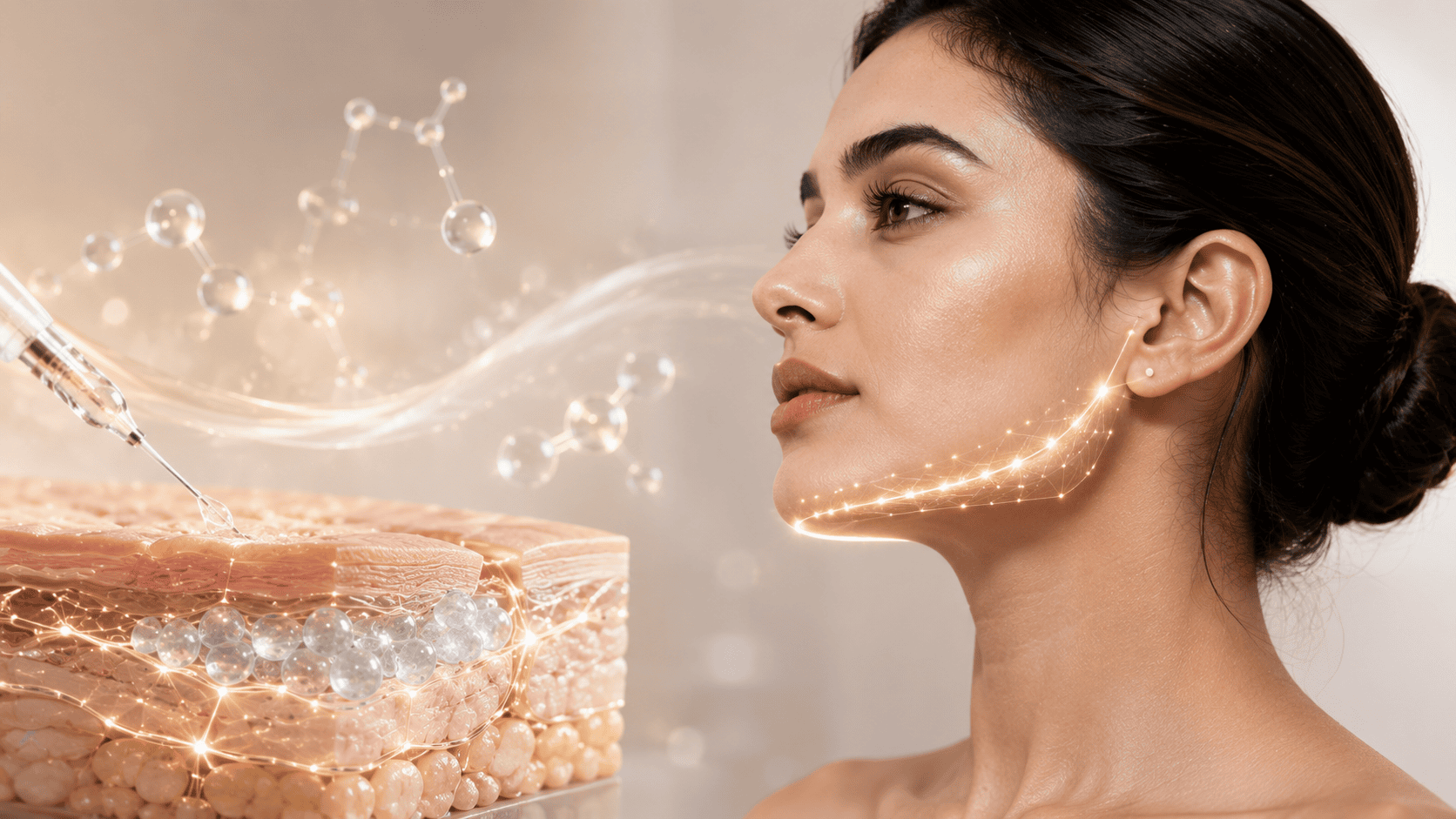 Woman's jaw profile with glowing particle effects representing filler settling