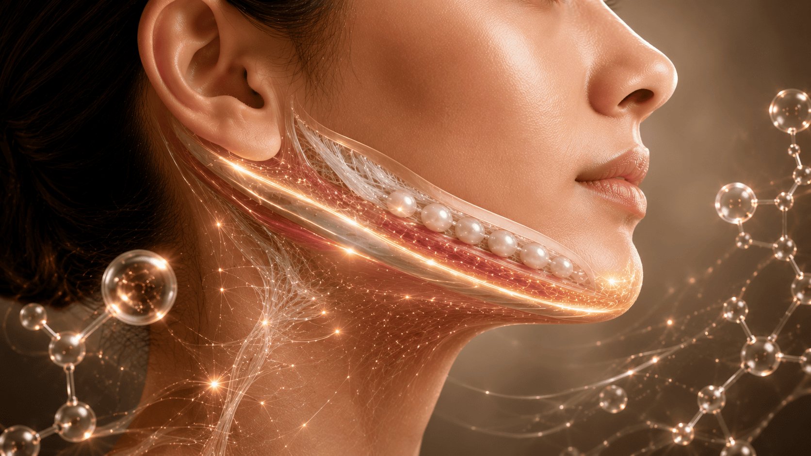 Woman's jaw profile with glowing contour lines representing the final result