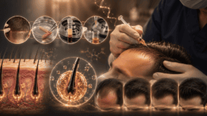 Illustration of a PRP injection being prepared alongside scalp regeneration graphics