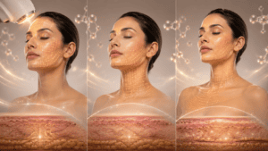 Three-panel progression of a woman's face showing pigmentation and redness fading across IPL sessions