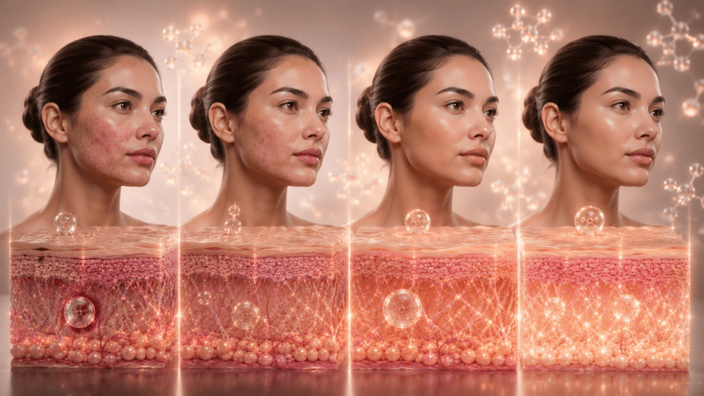 Sequential face profiles with skin cross-sections illustrating varying degrees of skin concern severity