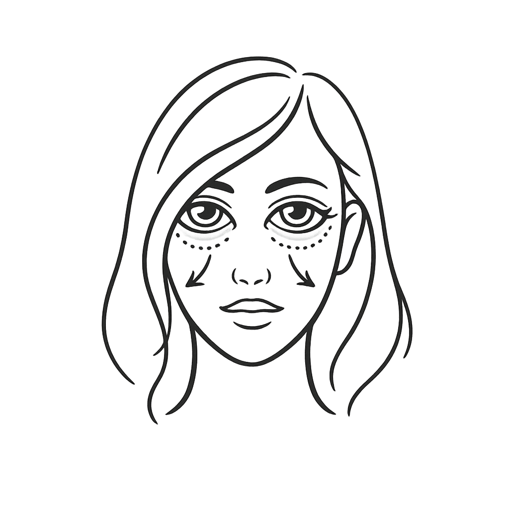 Line-art icon of a woman's face with arrows highlighting under-eye volume depletion