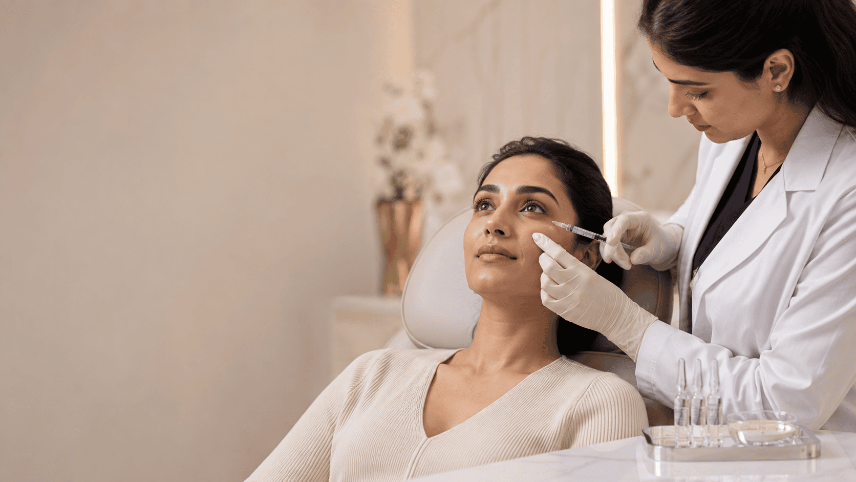 Doctor assessing a reclined patient's under-eye volume before filler treatment