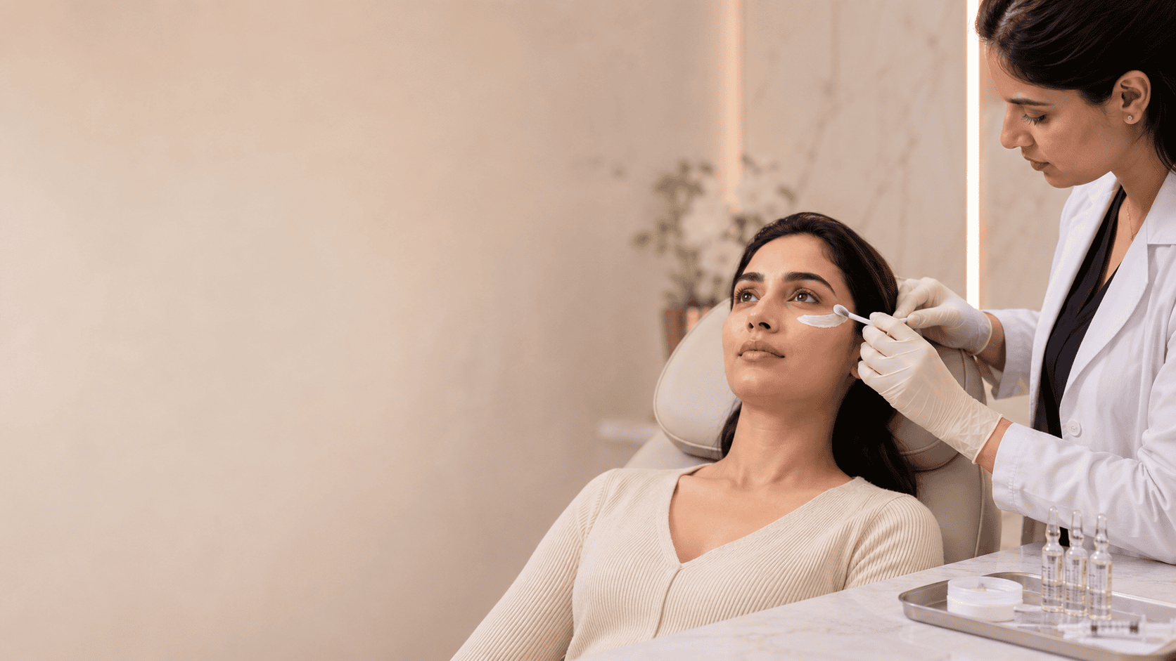 Practitioner applying topical anaesthetic before under-eye filler treatment