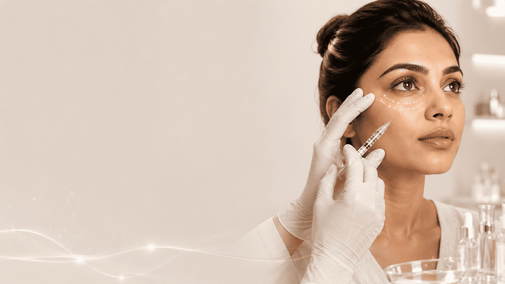 Woman gently touching her under-eye area after conservative filler treatment