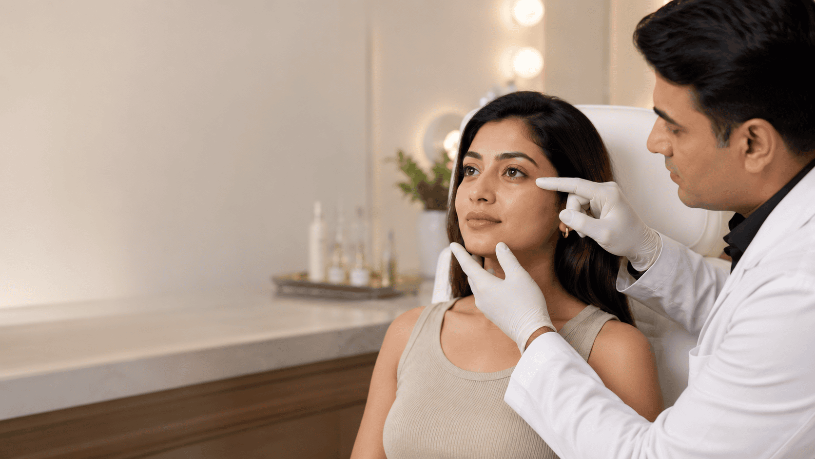 Doctor closely examining patient's face as a safety check during filler treatment