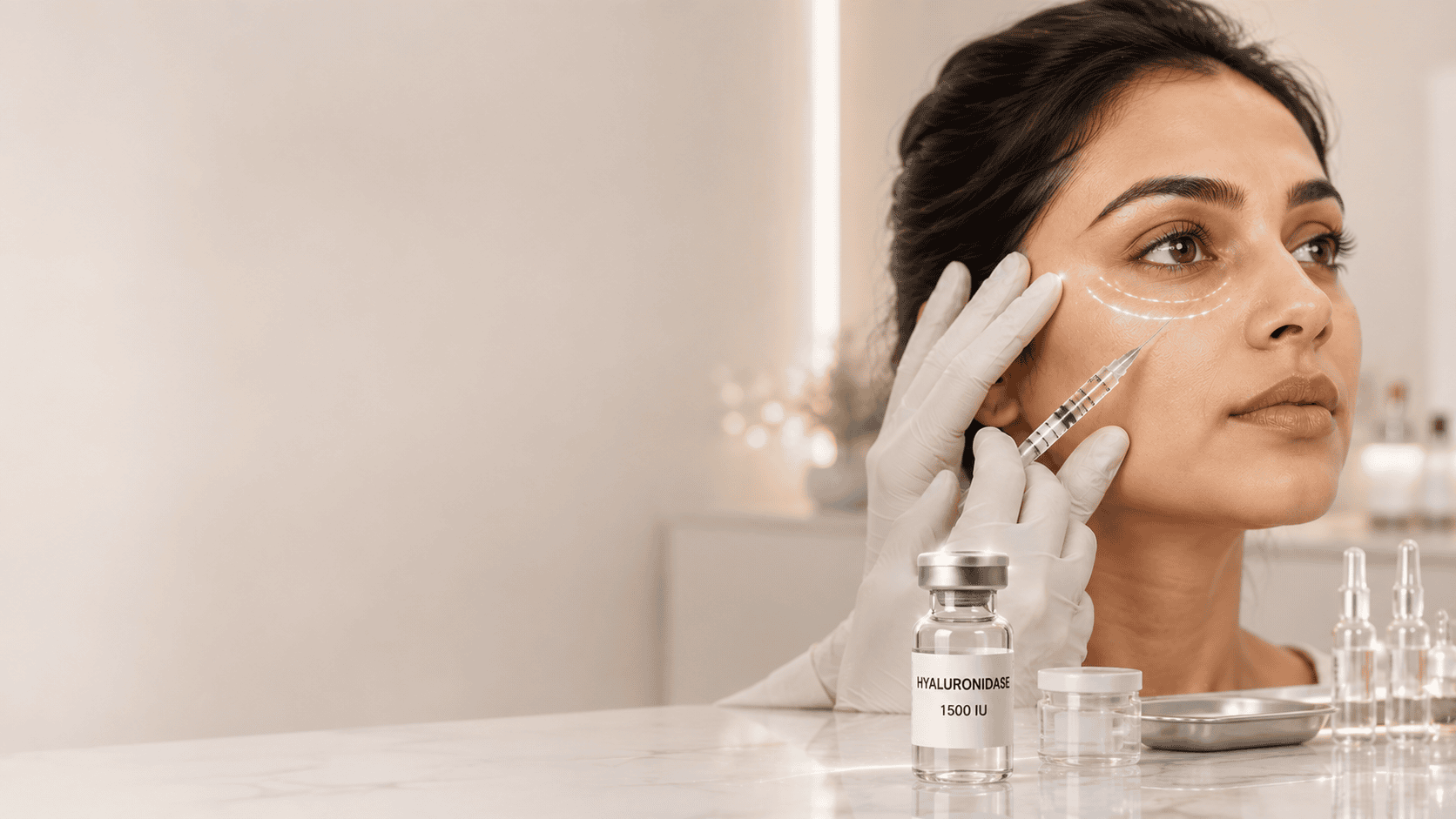 Patient sitting upright while under-eye symmetry is checked during filler treatment