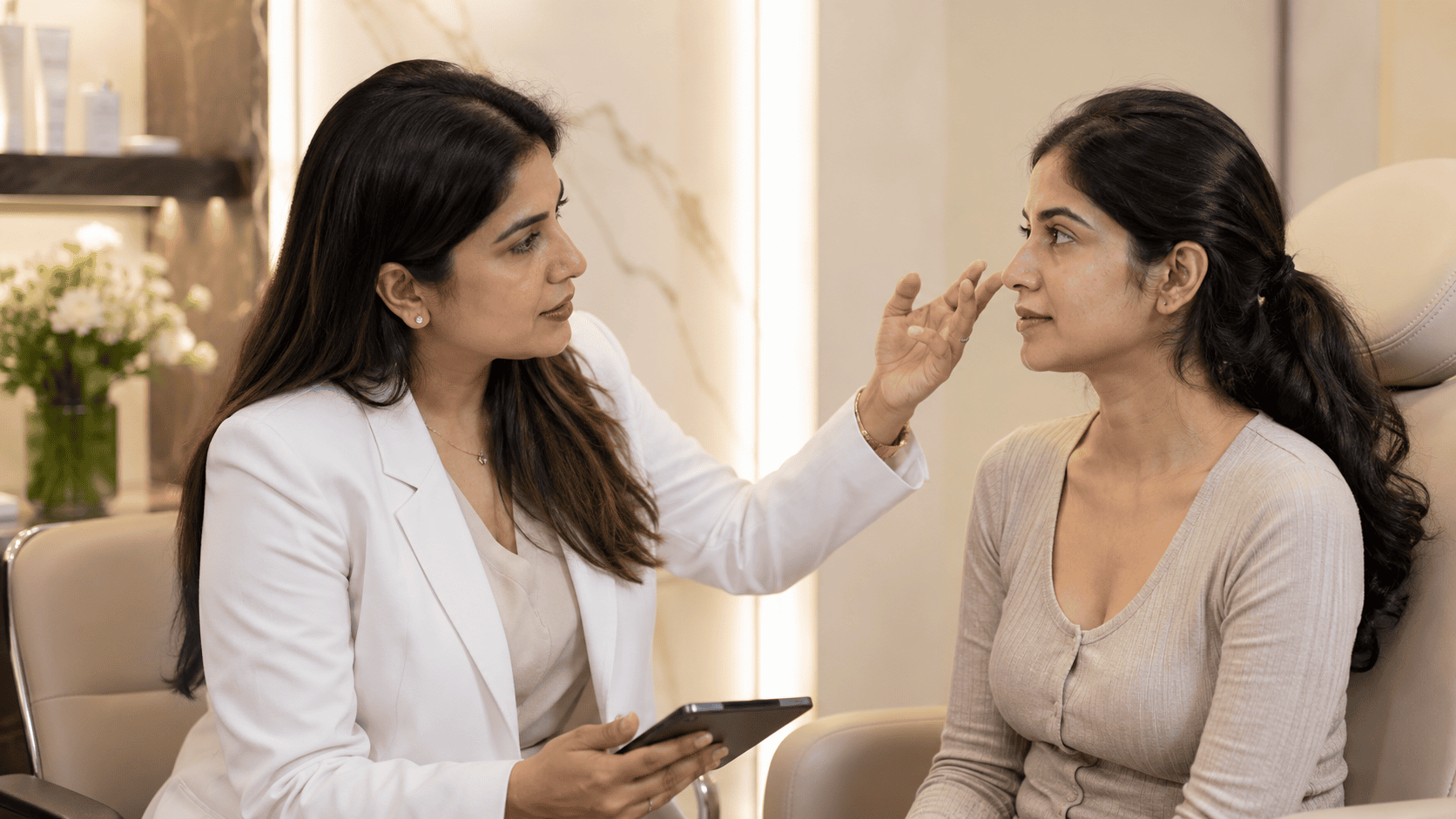 Doctor examining a patient's under-eye area to assess suitability for filler