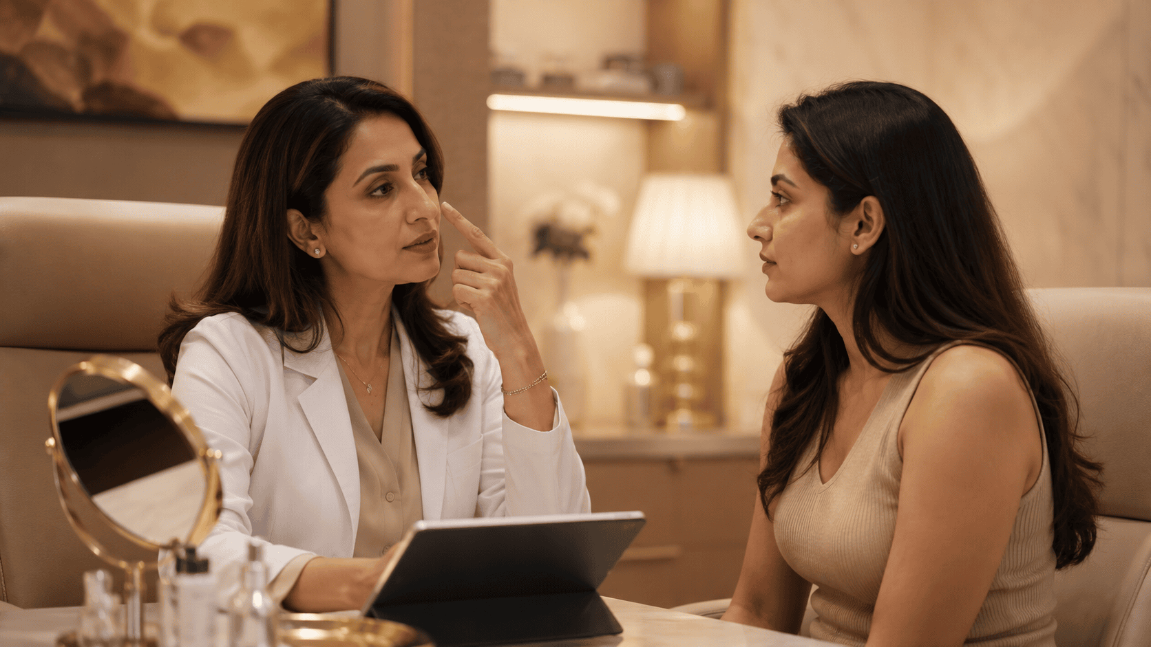 Doctor consulting a patient about skin thickness before under-eye filler