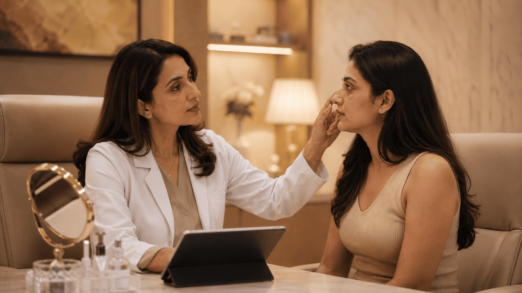 Doctor checking a patient's skin near the eyes for signs of infection before treatment