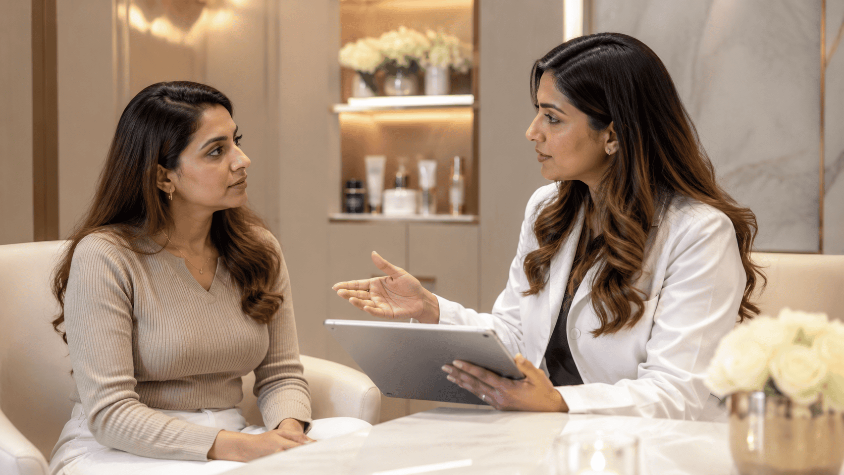 Doctor reviewing a patient's allergy history before filler consultation