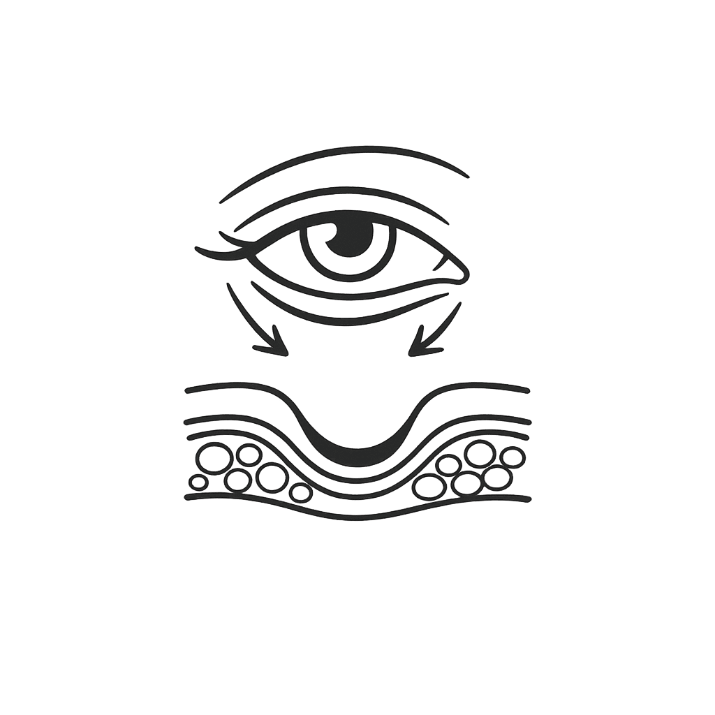 Line-art icon of an eye with under-eye hollow representing tear trough concern