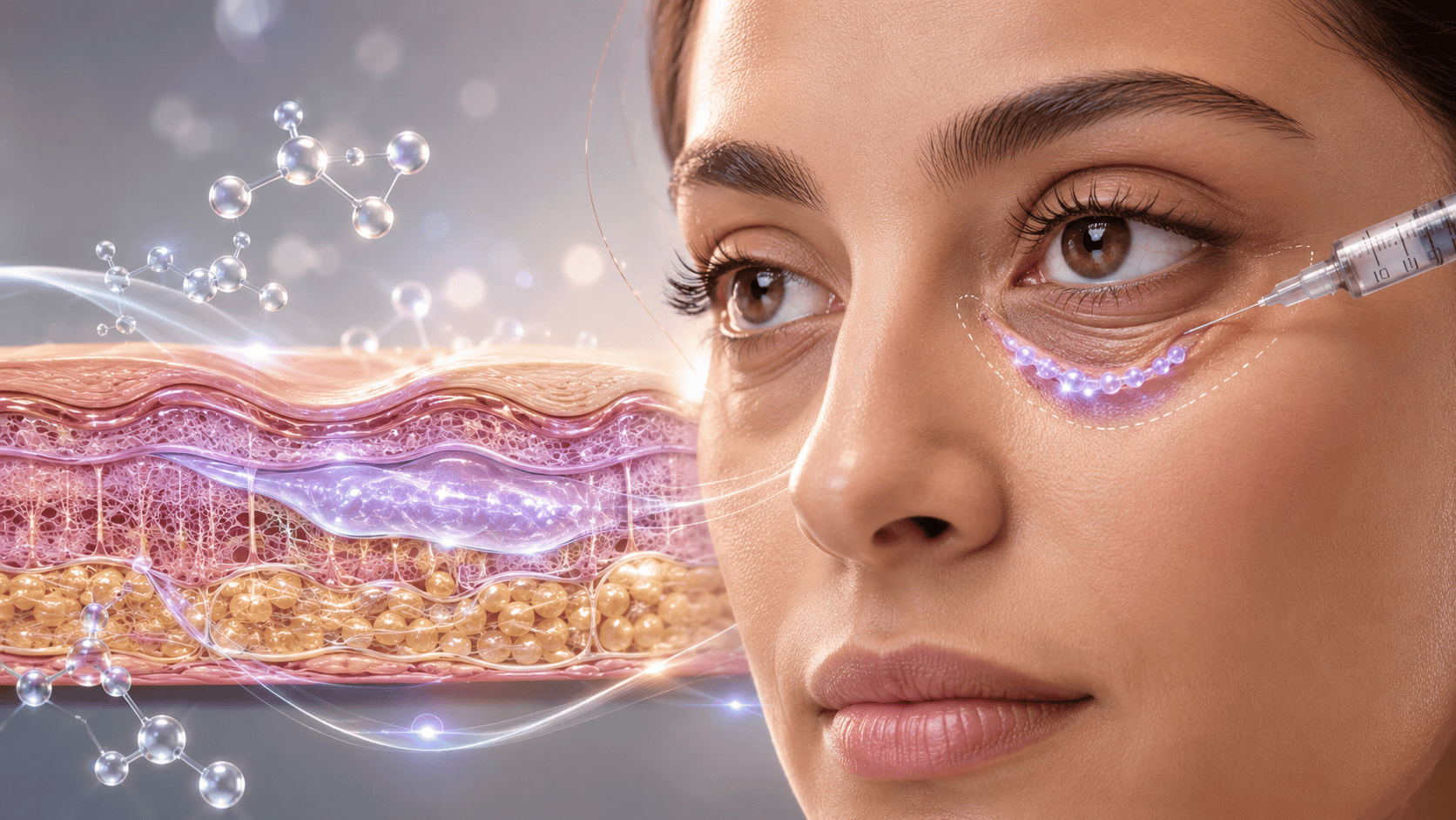 Eye close-up with glowing scan line showing immediate under-eye filler results