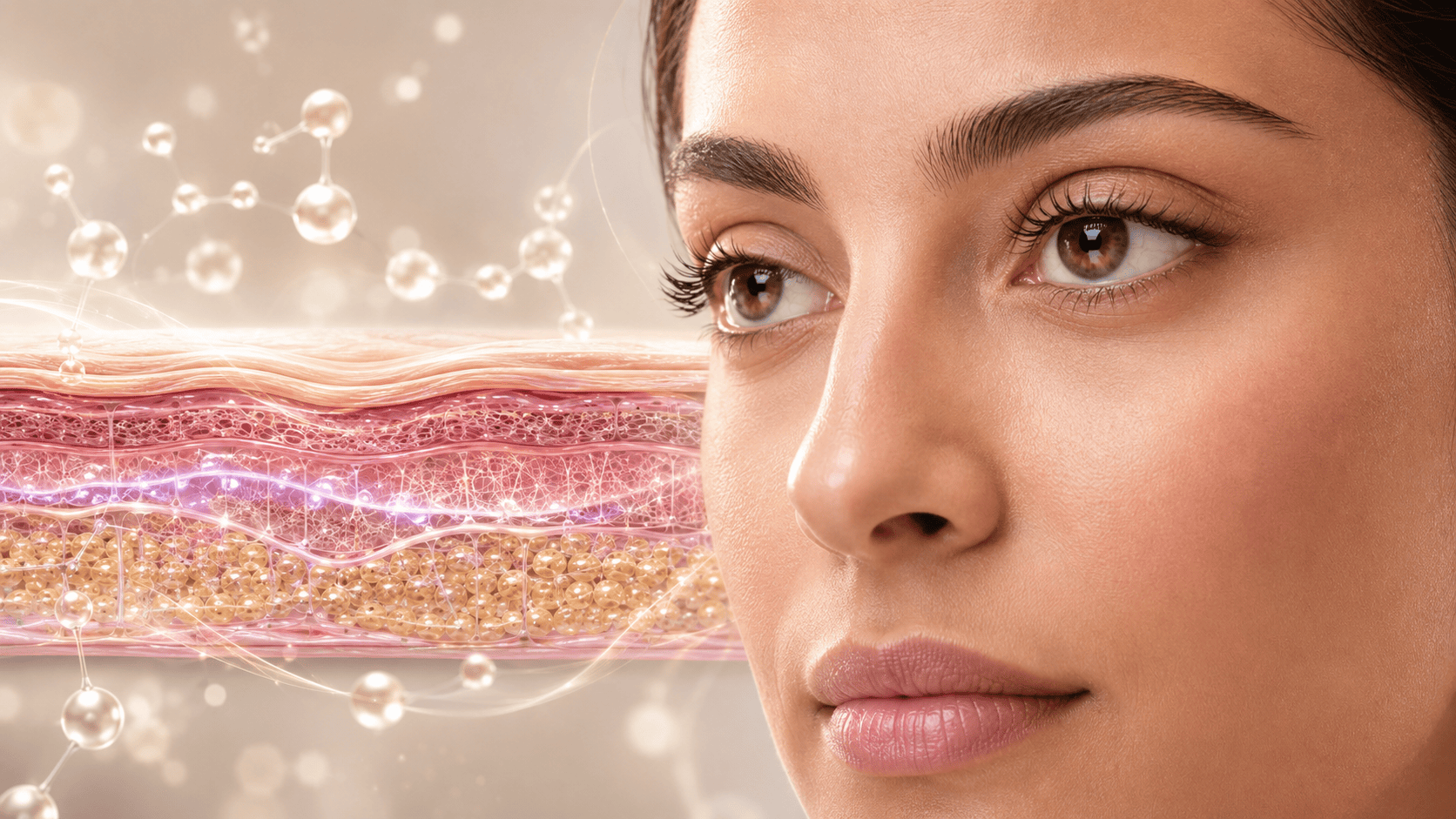 Skin cross-section beside a face showing the healing stage of under-eye filler