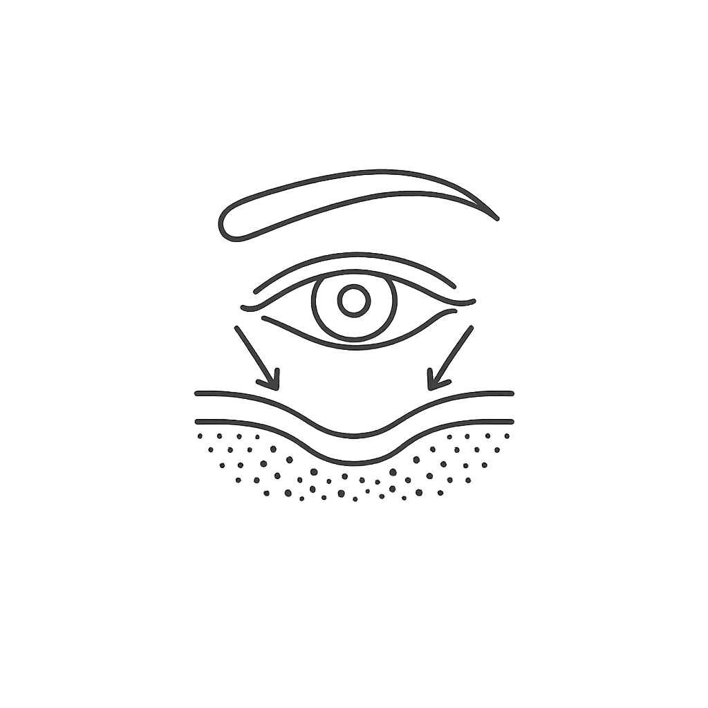 Line-art icon of an eye with puffiness lines representing under-eye volume loss