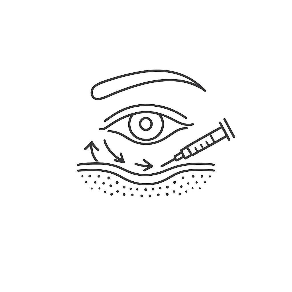 Line-art icon of an eye with a syringe representing under-eye filler injection