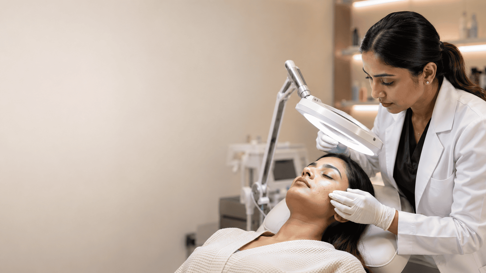 Doctor examining a patient's face under a magnifying lamp for wart diagnosis