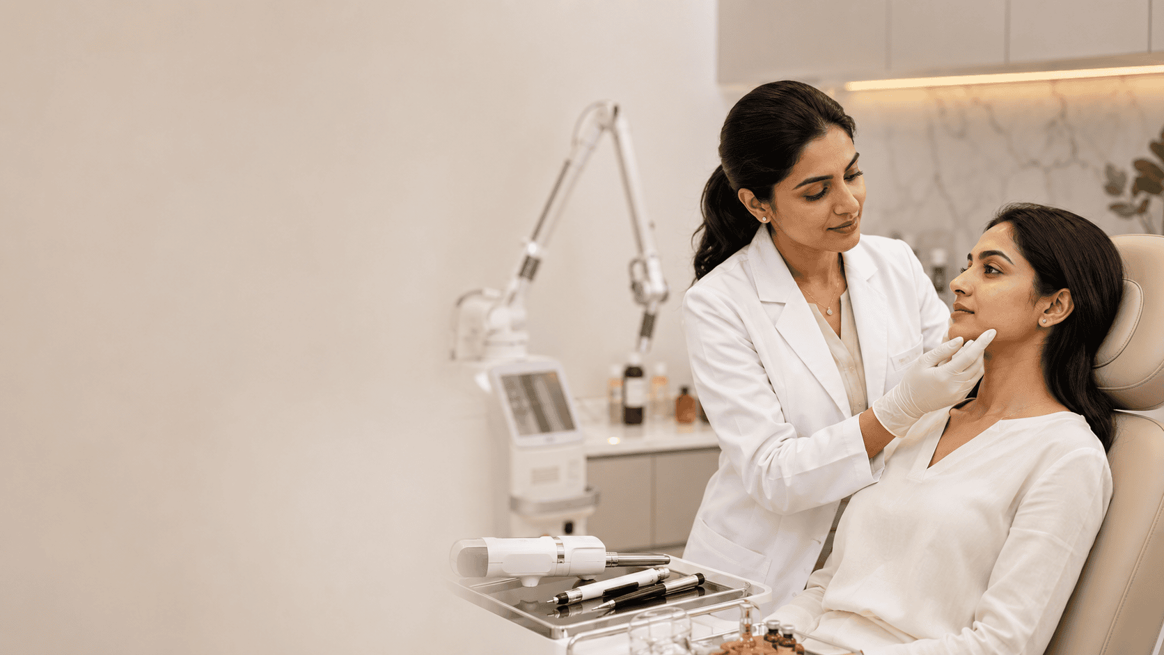 Doctor preparing a treatment device to remove a wart on a patient's chin
