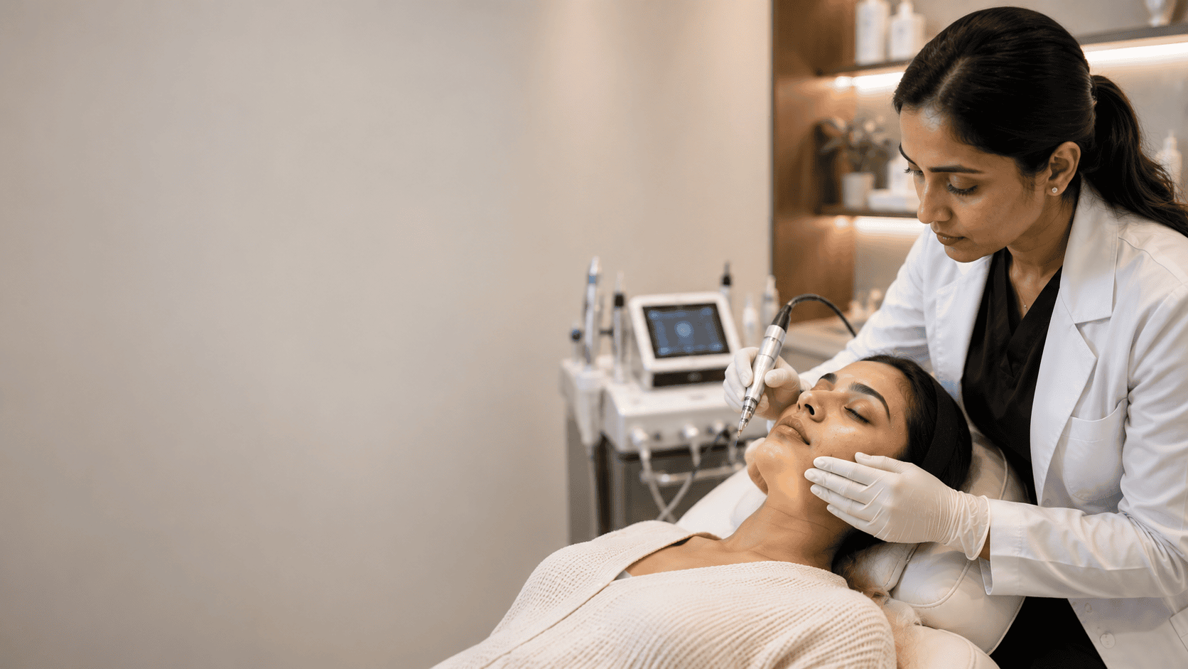 Doctor treating multiple warts on a patient's face in one clinic session