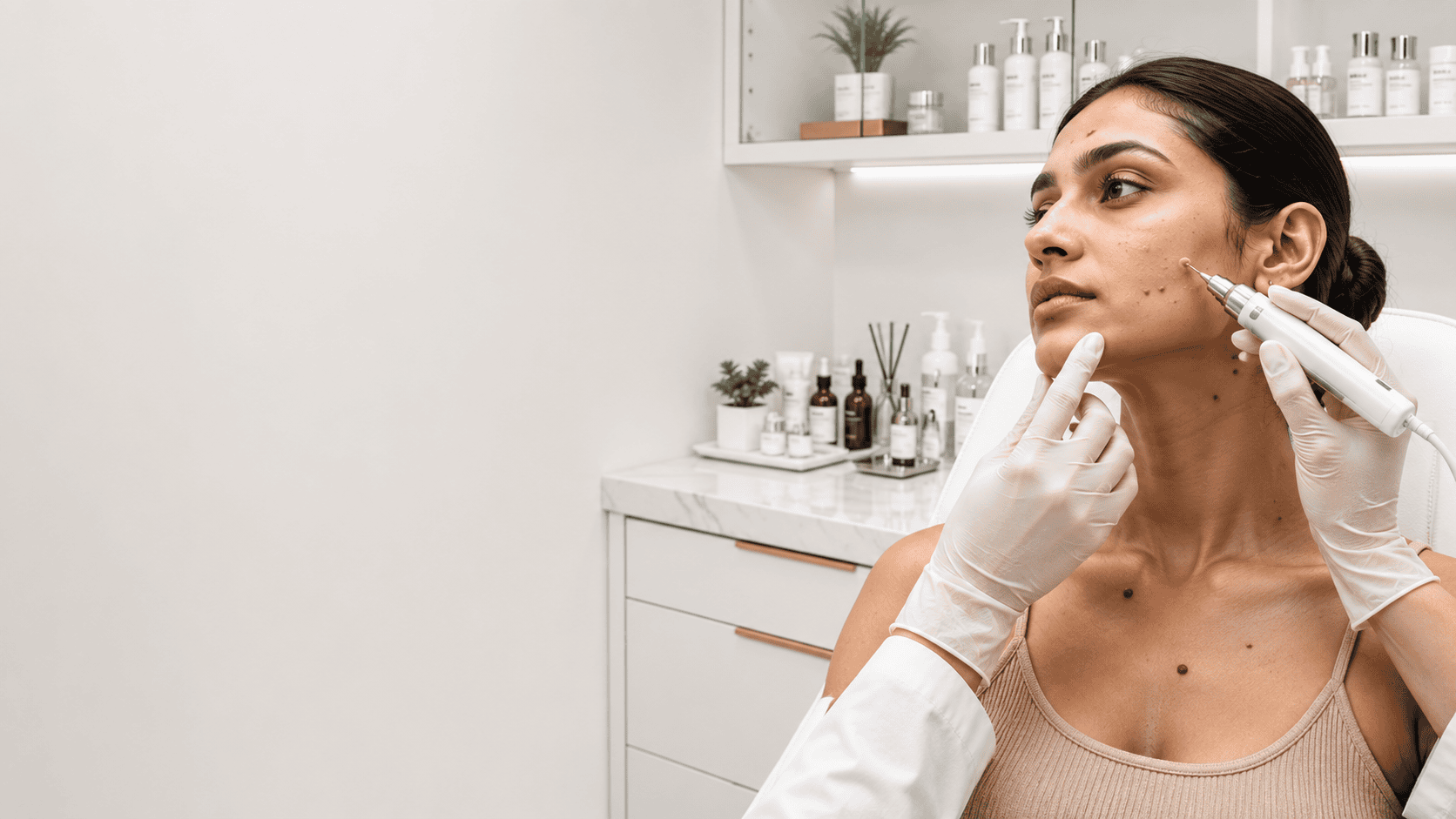 Gloved clinician treating a patient's face in a clean clinic setting