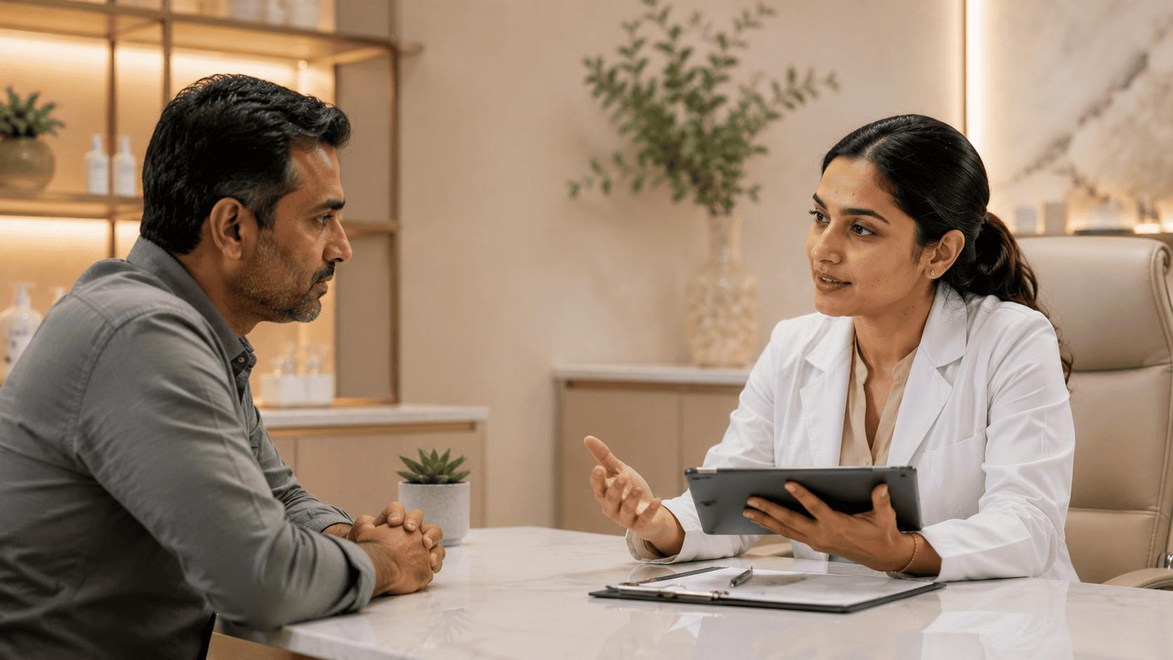 Doctor reviewing a patient's medical history during a treatment consultation