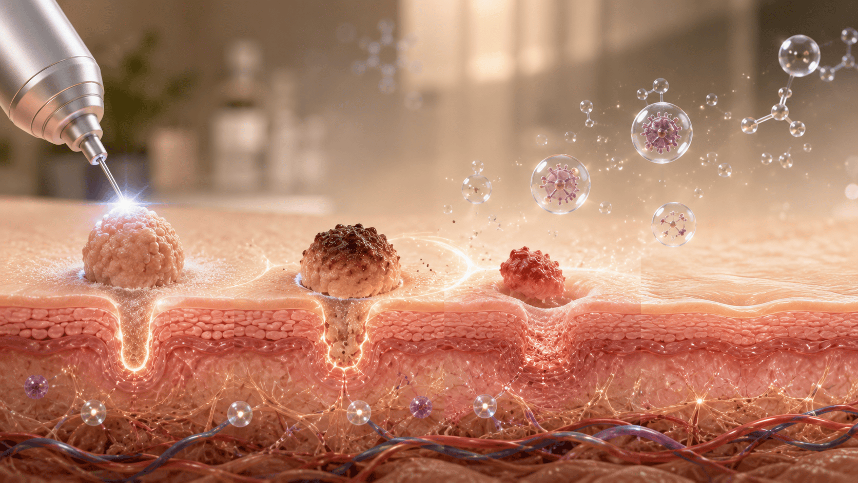 Illustration showing the healing progression of a treated wart over several stages