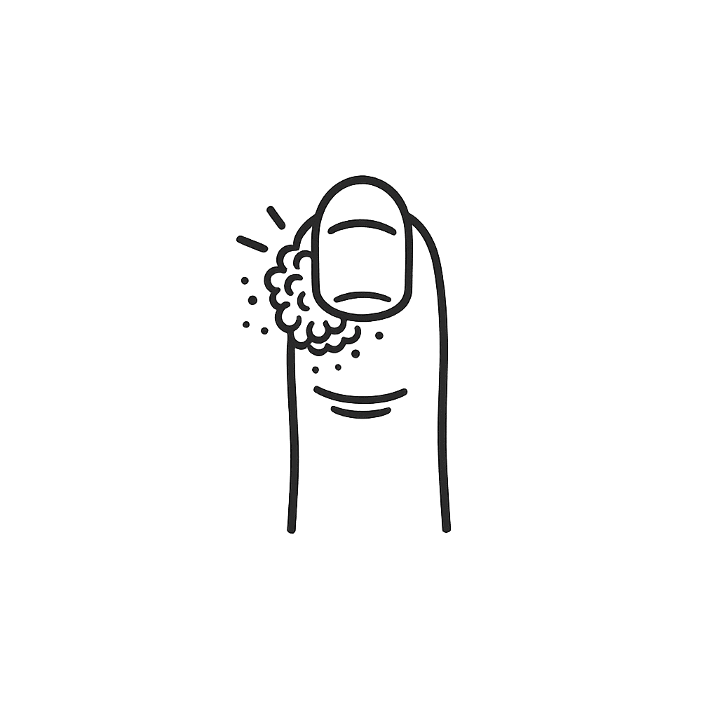 Line-art icon of a fingertip wart with scattering particles indicating recurrence