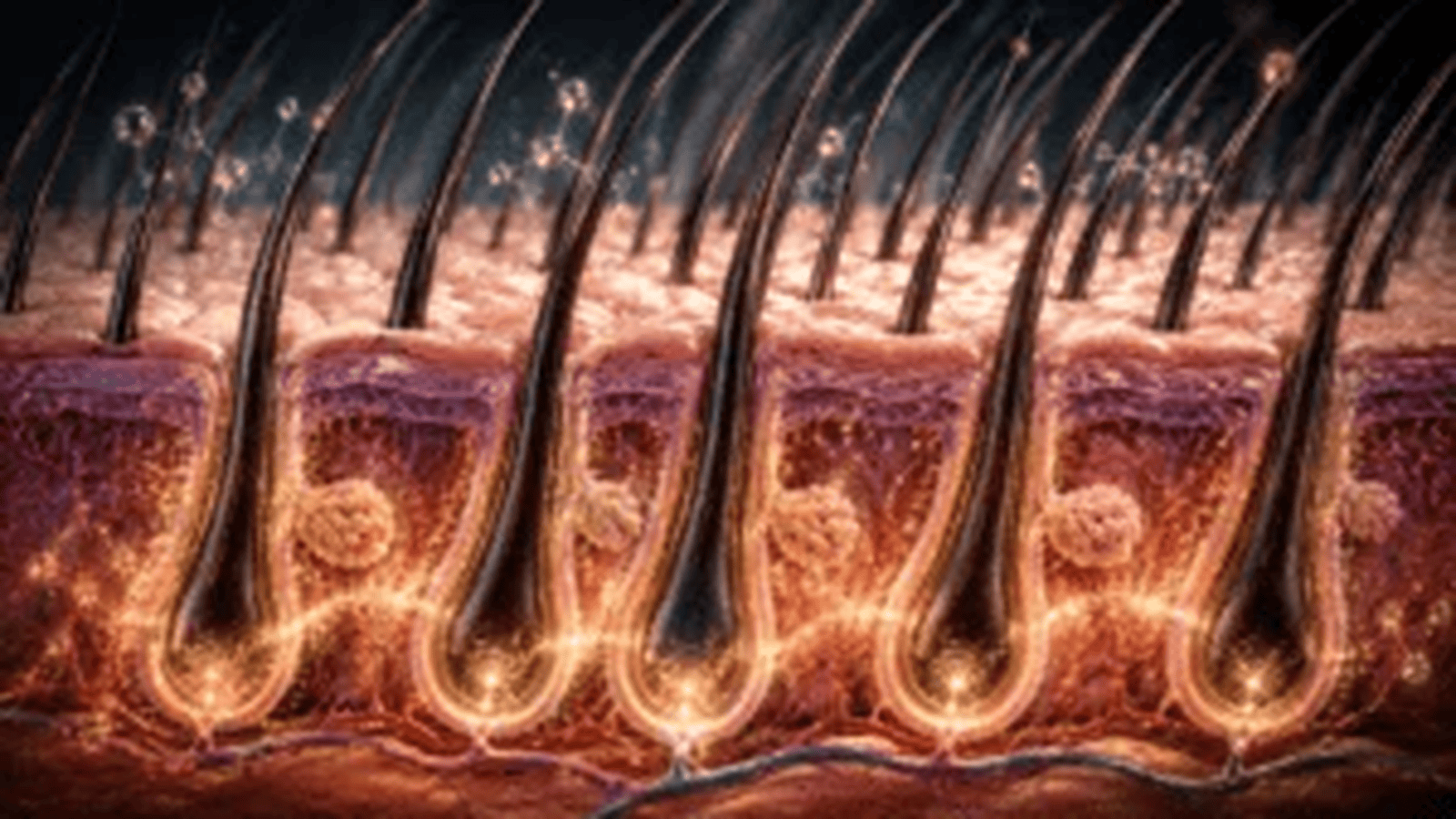Illustration of mature hair follicles with regenerative glow, showing late-stage PRP hair regrowth progress