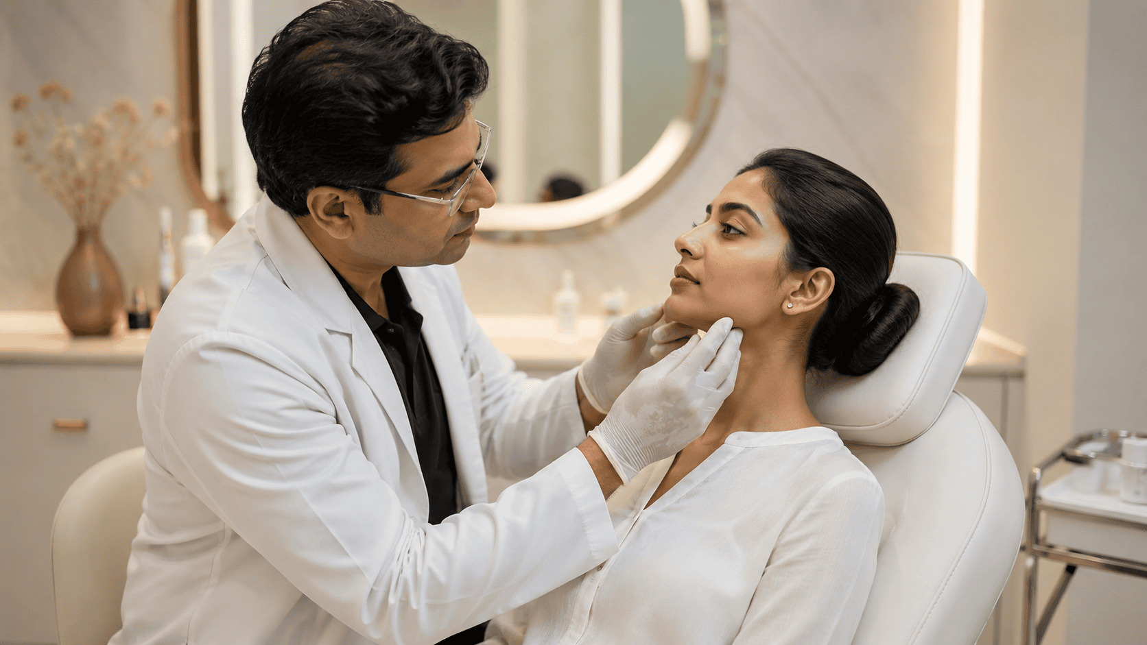 Doctor evaluating a patient's jawline immediately after filler treatment