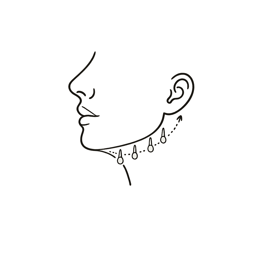 Line icon of a jaw profile marking the area treated for weak jawline definition