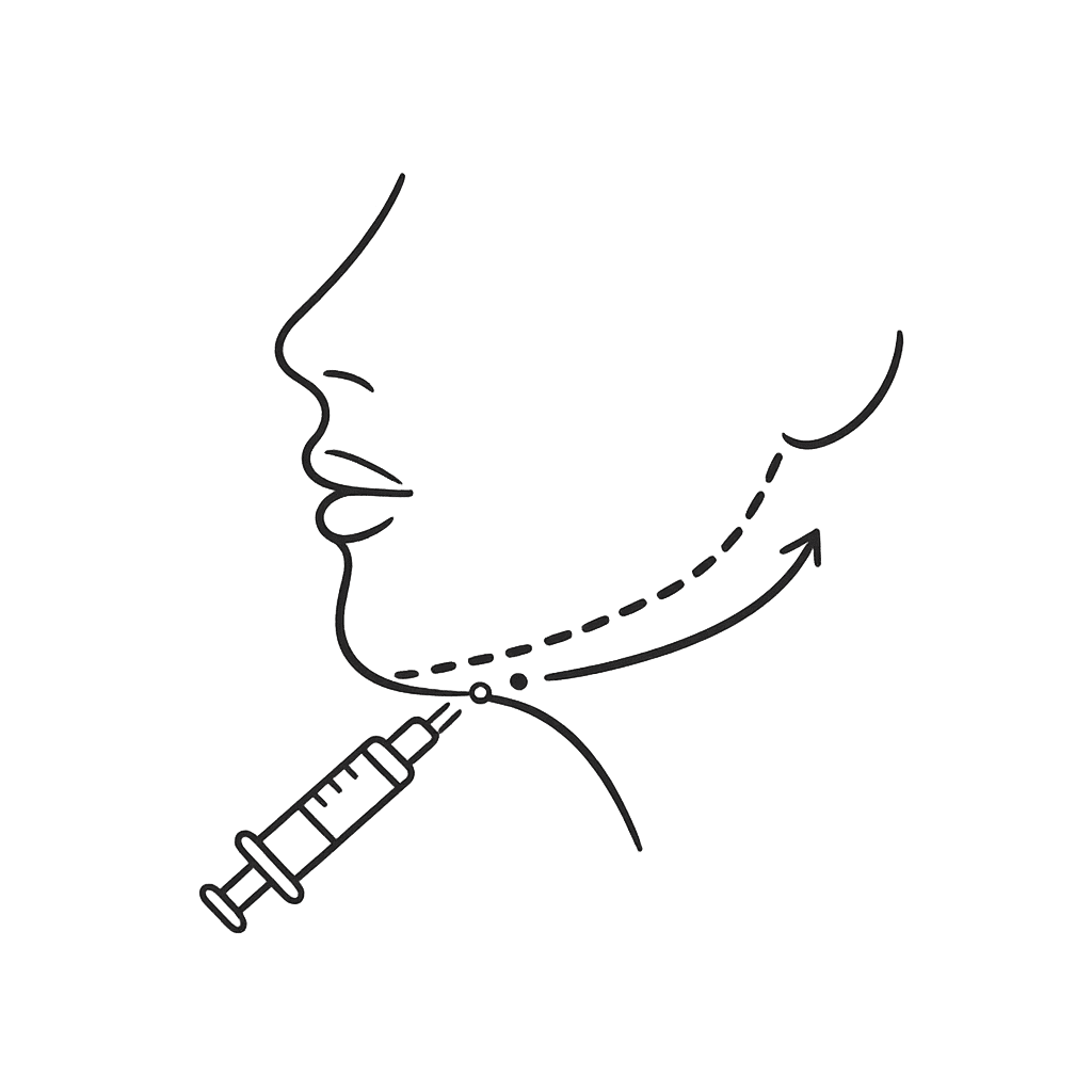 Line icon of a facial profile highlighting the chin area for projection