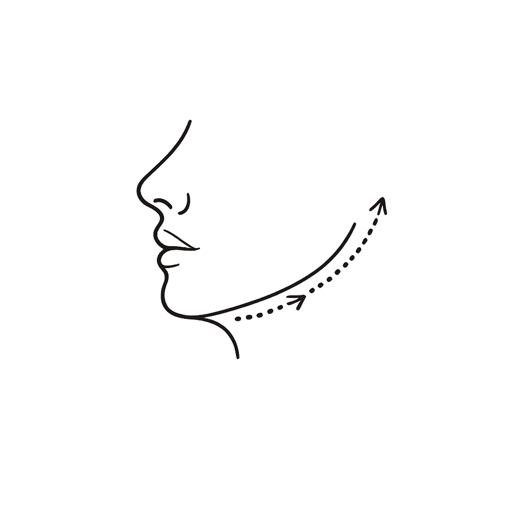 Line icon of a jaw profile marking the pre-jowl area affected by jowling