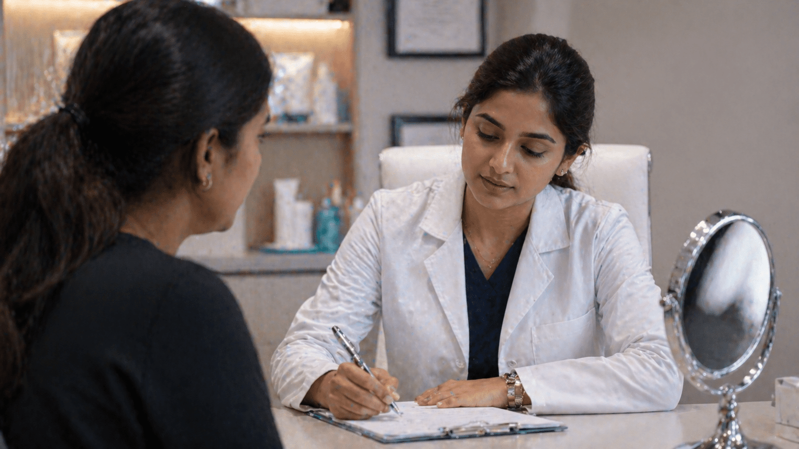 Dermatologist prescribing oral medication during consultation for Indian patient at Brilliance Cosmocare Skin, Hair and Weightloss Clinic