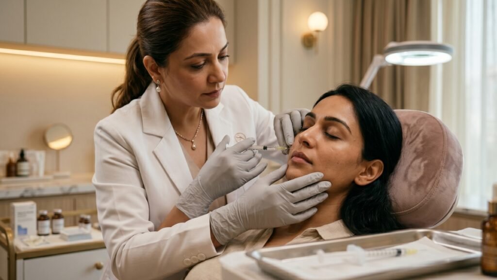 Dermatologist consulting with a patient during a professional facial skin treatment