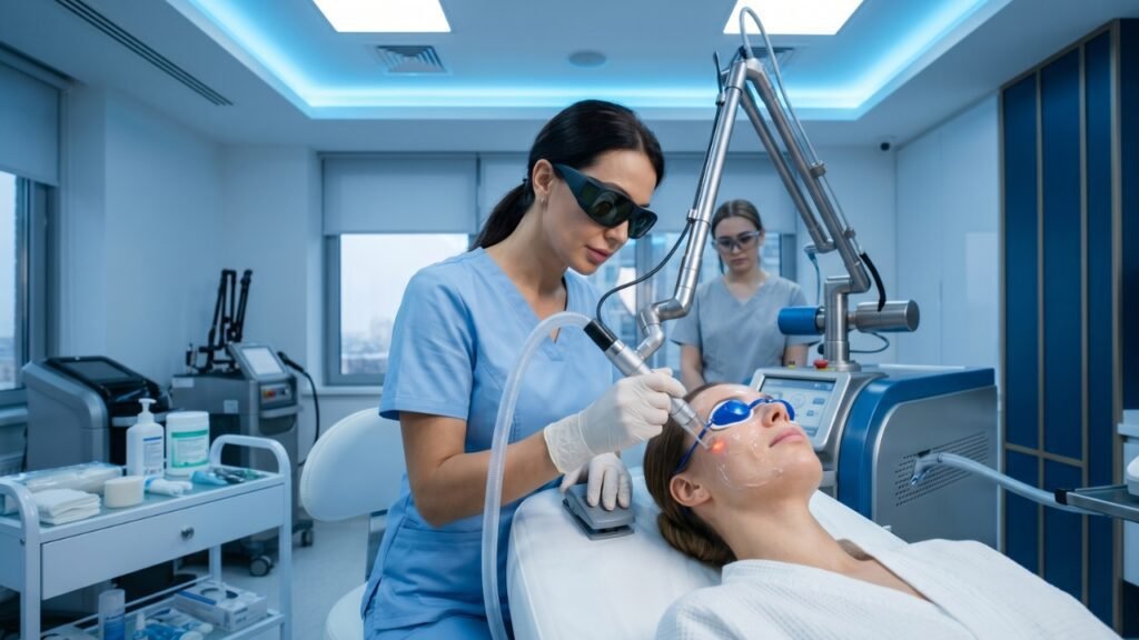Advanced laser skin treatment procedure performed by a skincare specialist in a modern aesthetic clinic