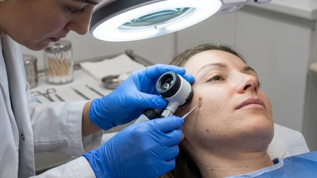 Dermatologist examining facial skin and moles during a professional skin check consultation