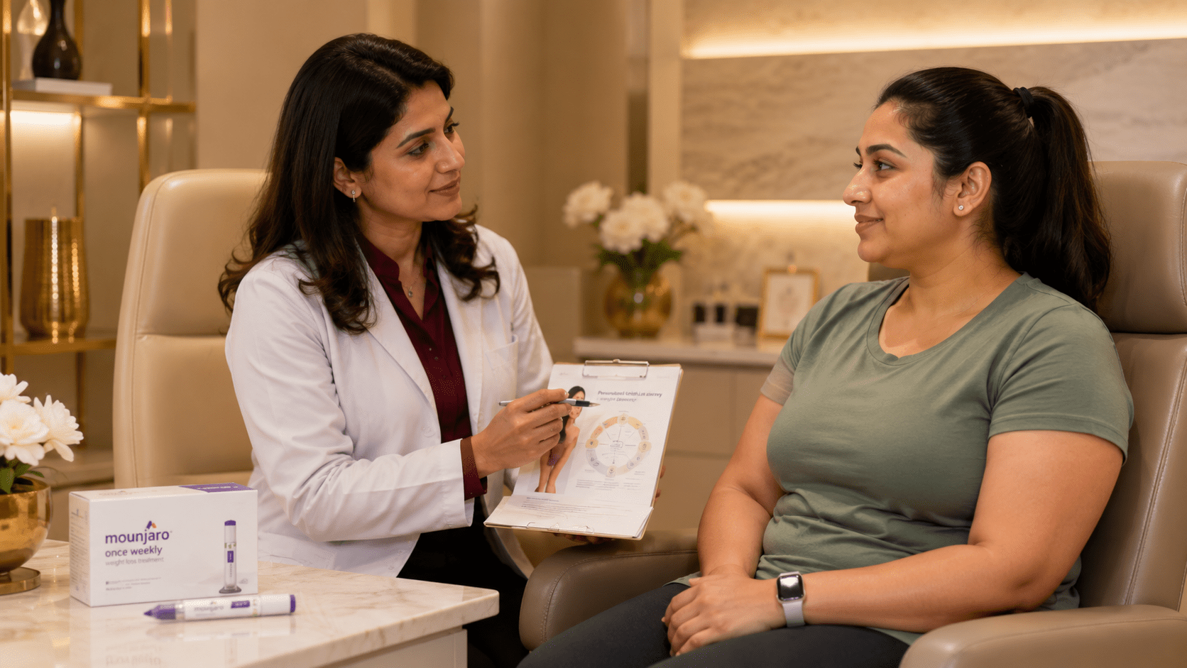 Dermatologist reviewing a skin assessment chart with a patient during an ageing evaluation consultation