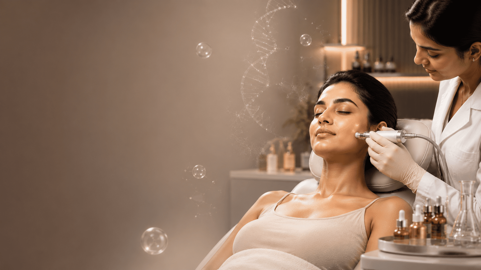 Client relaxing during a personalised facial treatment with skincare products arranged nearby