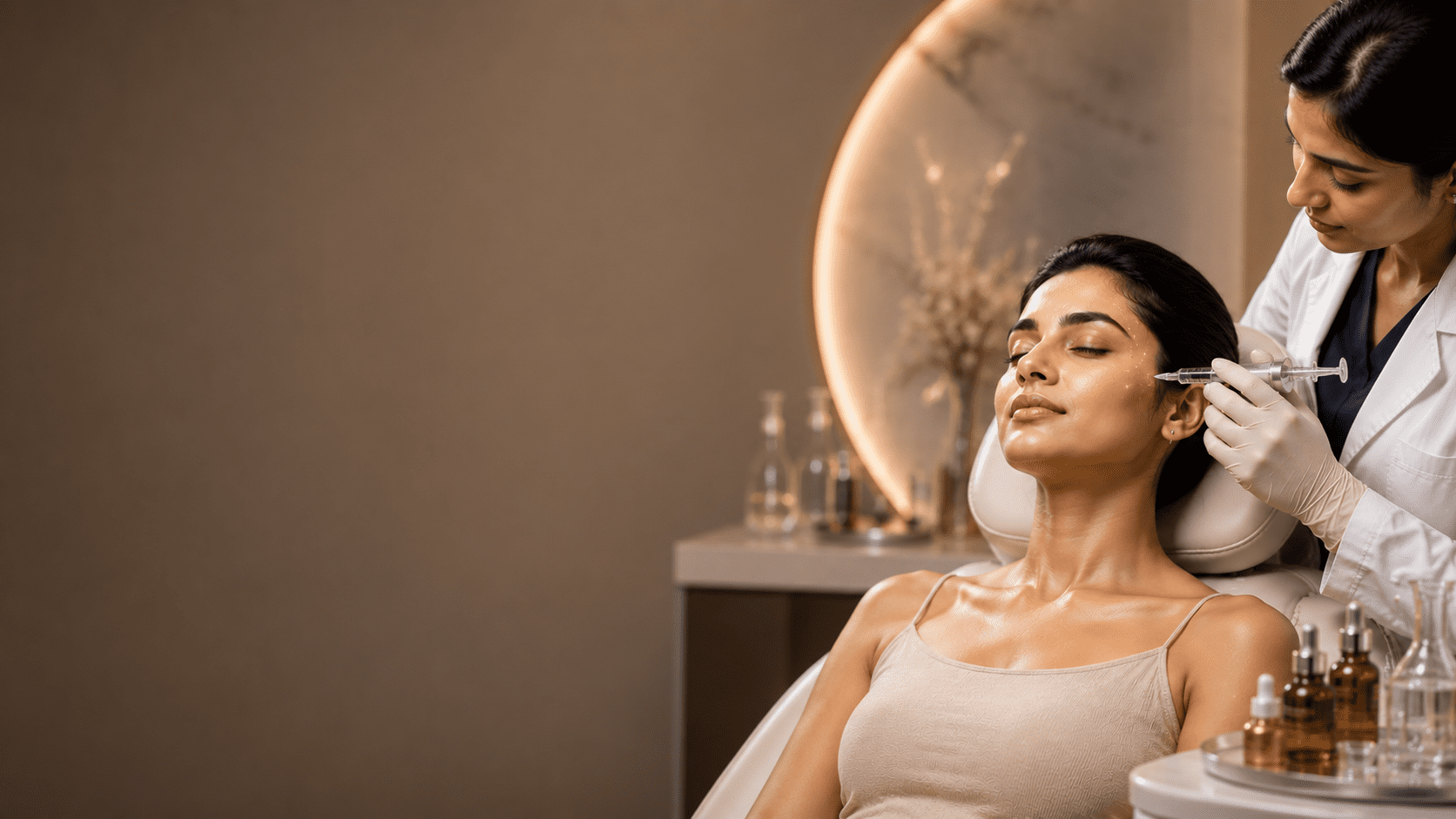 Client receiving a facial volumizing treatment in a luxury clinic setting