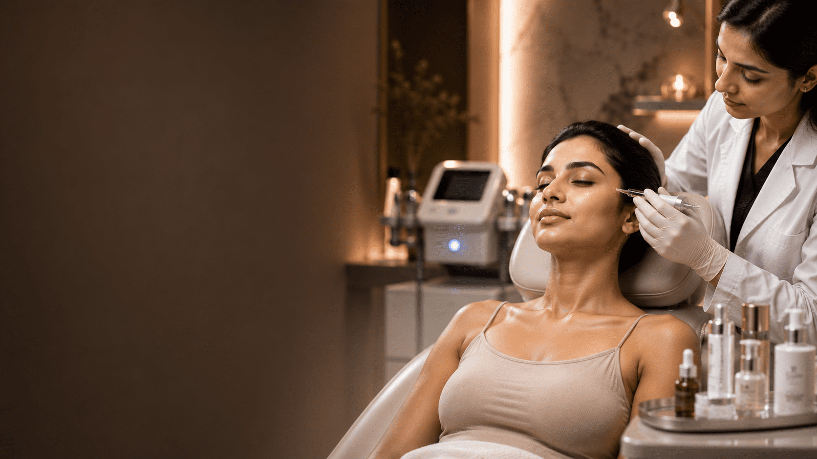 Clinician performing a surface renewal facial treatment on a relaxed client