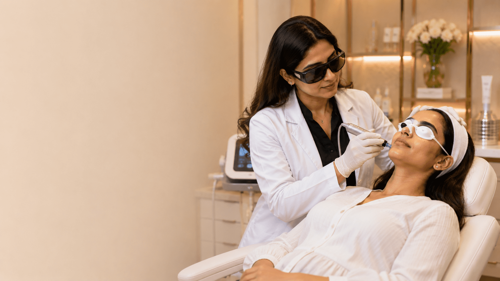 Clinician using a laser device for a skin tightening treatment on a patient's face