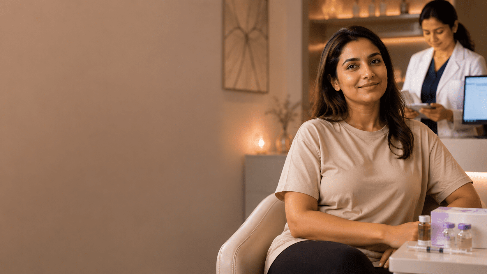 Client smiling before a PRP growth factor facial treatment, with sample tubes on the table