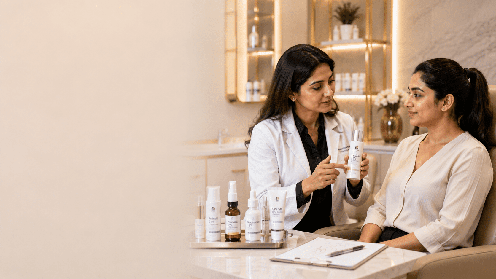 Dermatologist recommending a medical-grade skincare product to a patient