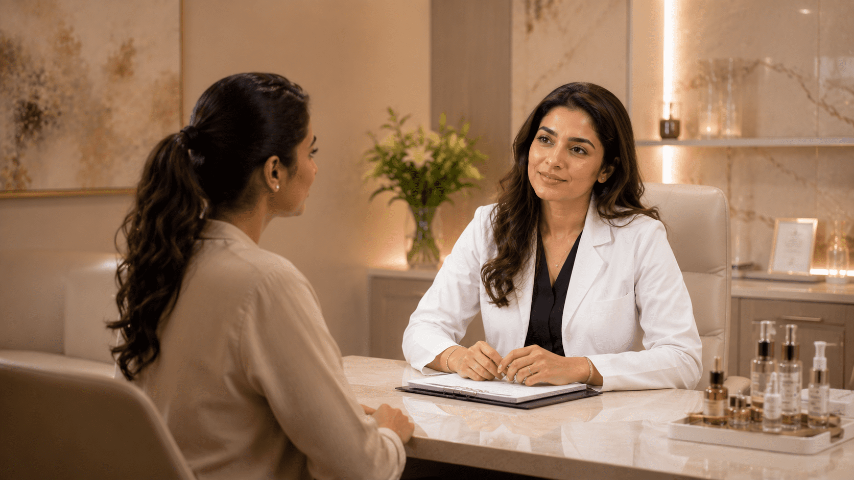 Dermatologist discussing treatment options with a patient during a consultation