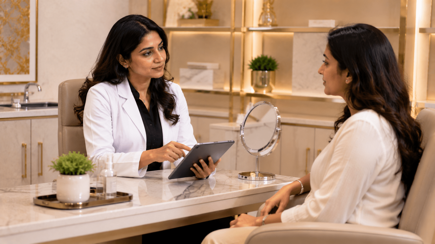 Dermatologist reviewing a patient's skin condition using a tablet during consultation