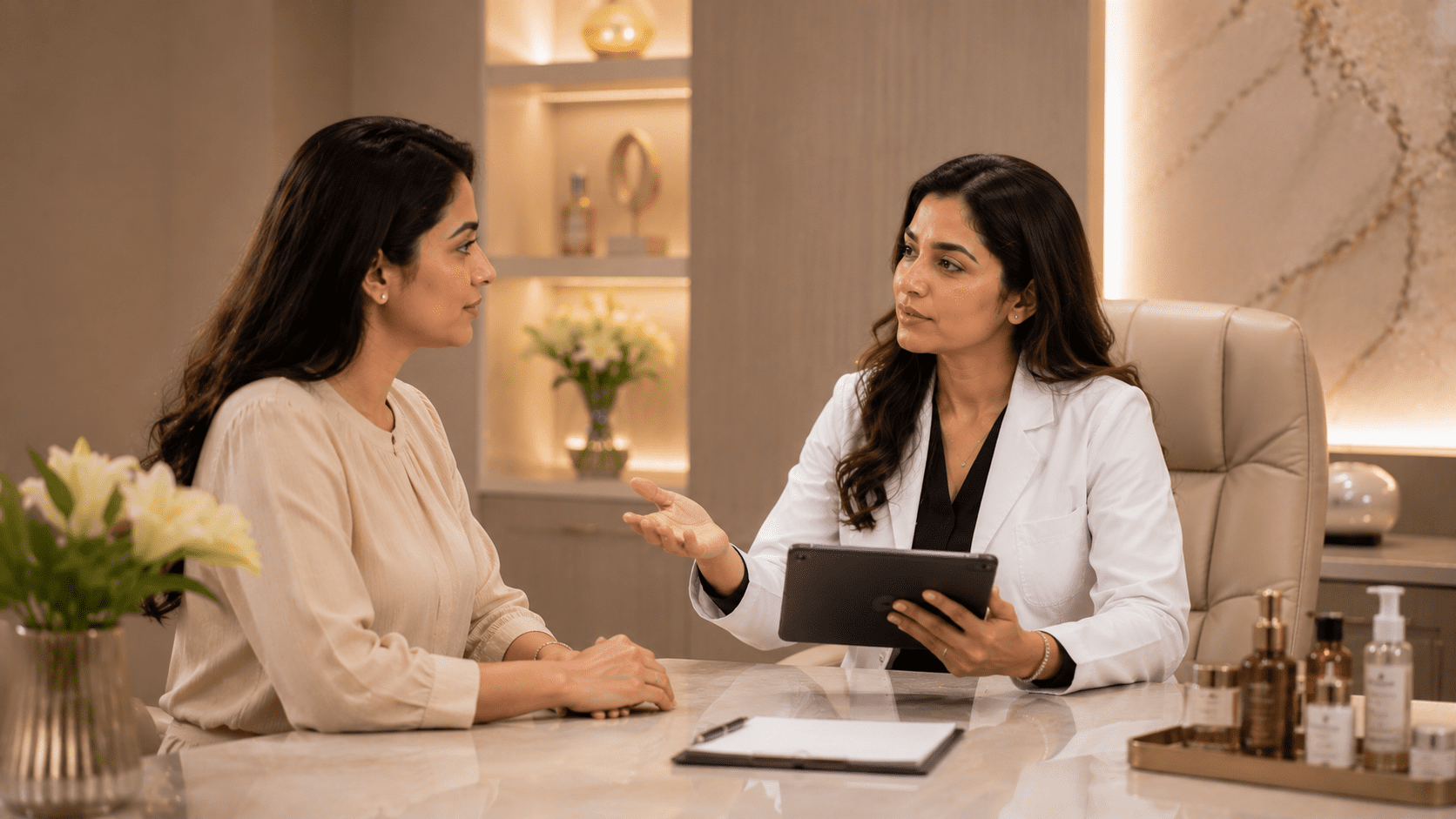 Doctor discussing treatment planning with a patient at a consultation desk