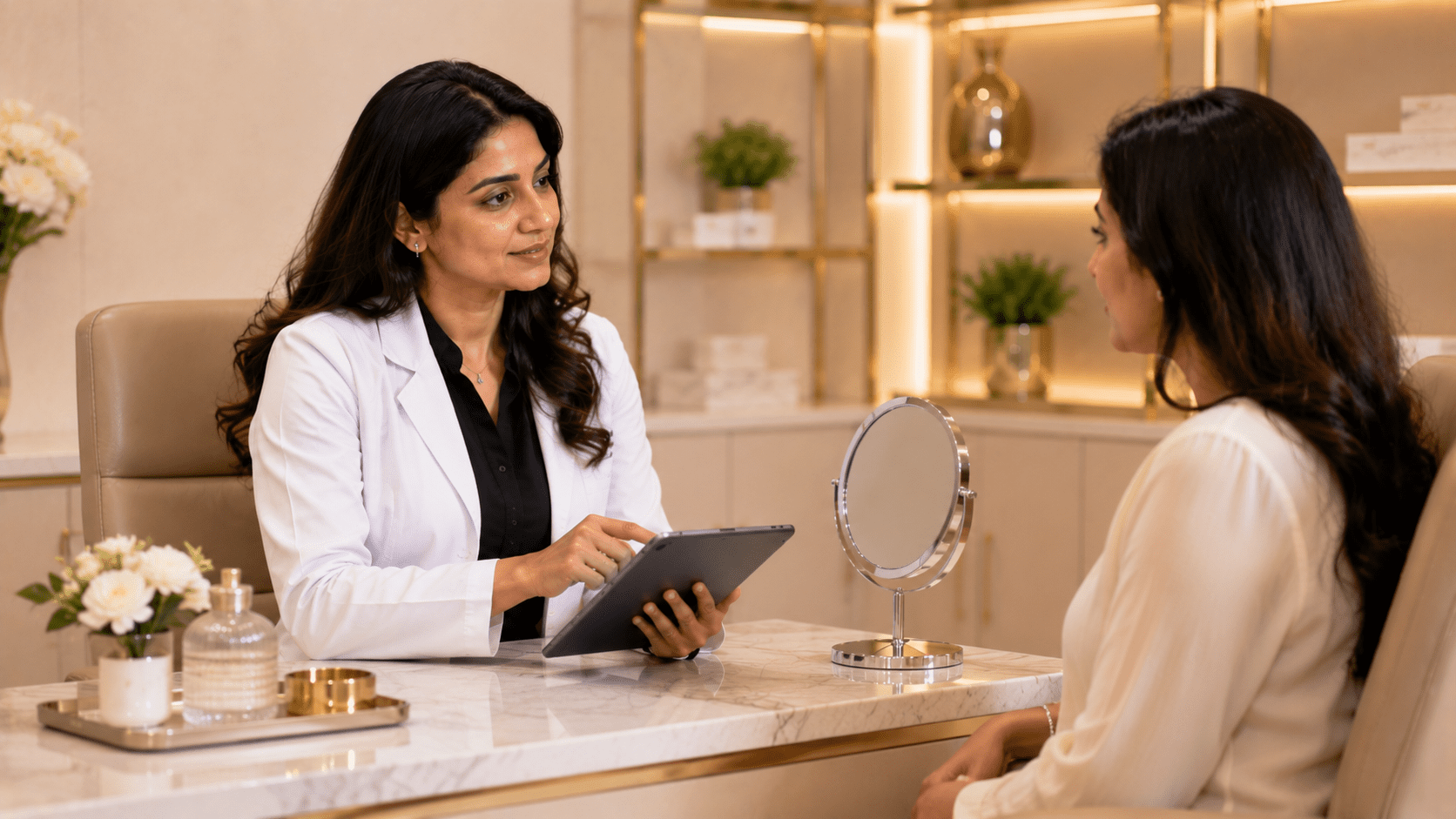 Dermatologist reviewing a patient's scarring history using a tablet