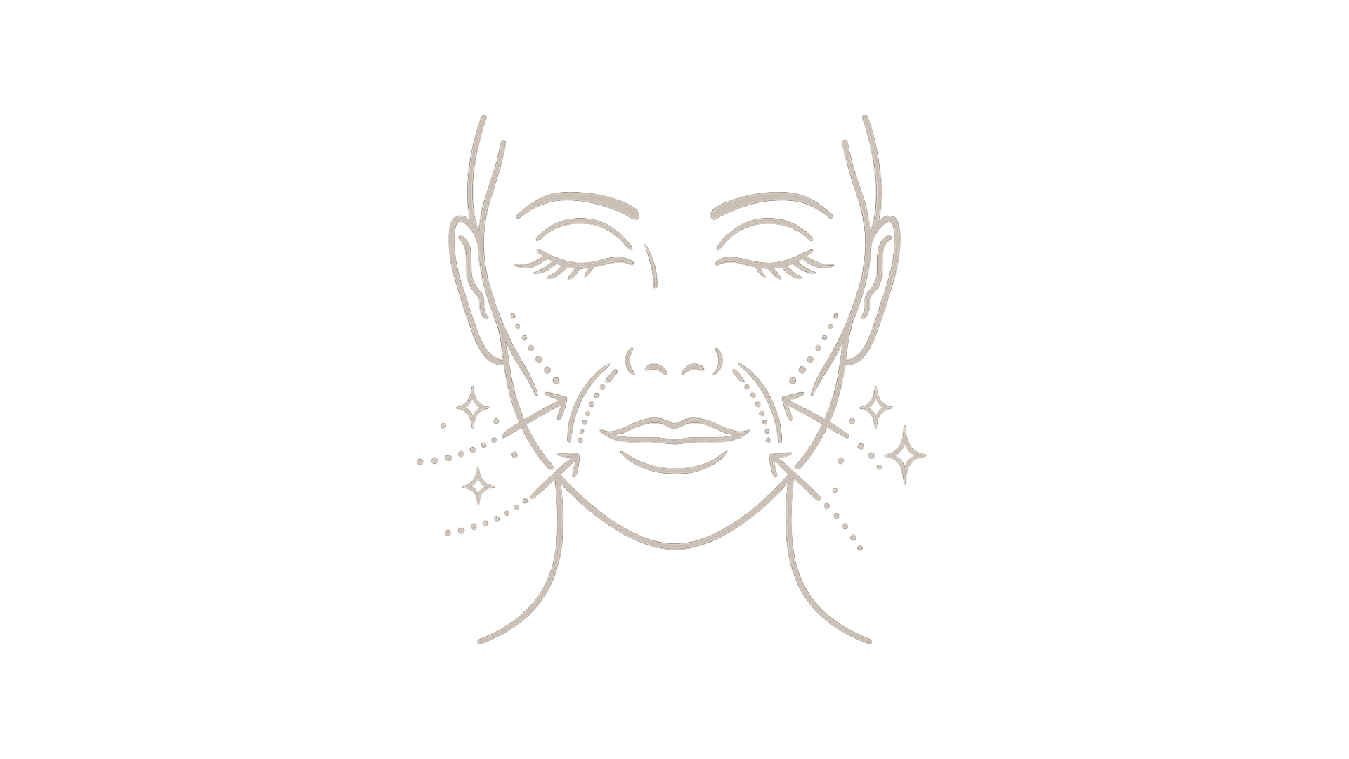Facial outline icon marking nasolabial folds and marionette lines with lifting arrows